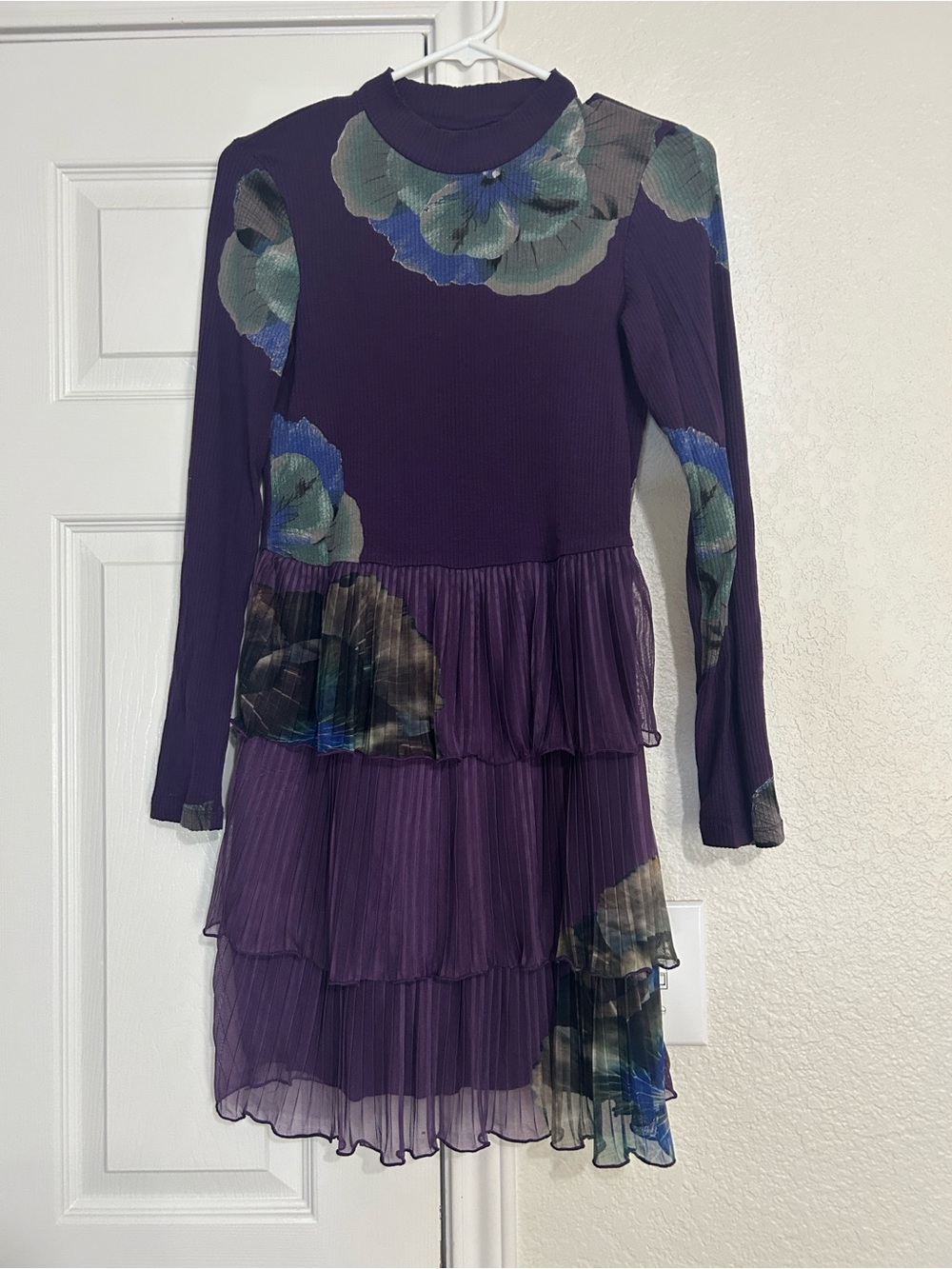 Desigual Purple Floral Tiered Long-Sleeve Dress